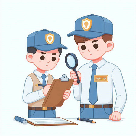 Police officer and policeman with clipboard and magnifying glass. Vector illustration.のイラスト素材