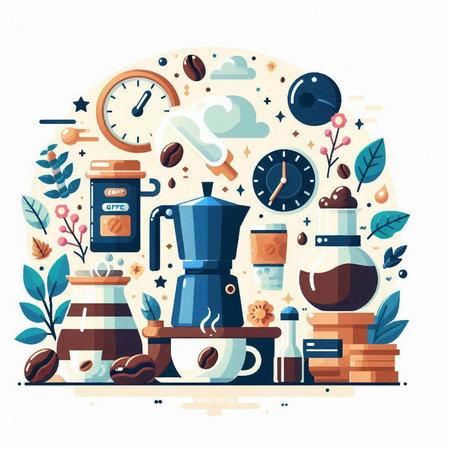 Coffee time flat design concept. Vector illustration with coffee maker, cup, teapot, cups, beans, leaves, clock and other elements.のイラスト素材