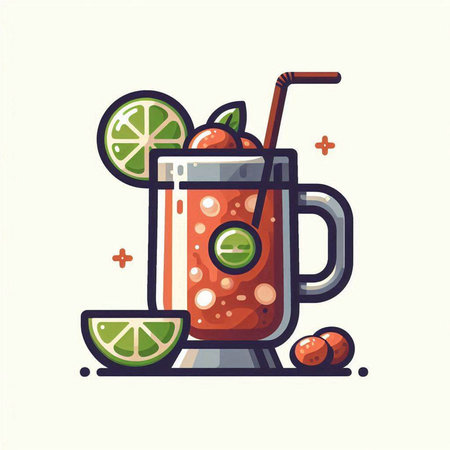 Fruit cocktail with lime and straw. Vector illustration in flat styleのイラスト素材