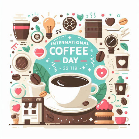 Coffee day poster or banner with coffee shop elements. Vector illustrationのイラスト素材