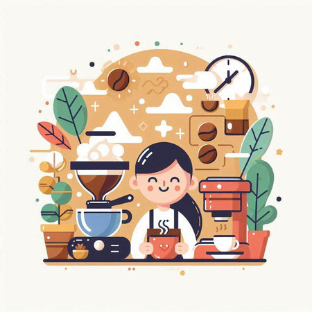 Coffee shop concept. Cute cartoon character. Vector illustrationのイラスト素材