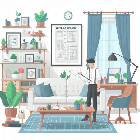 Vector illustration of a man working at home in the living room.のイラスト素材