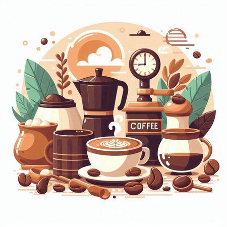 Coffee time. Set of coffee beans, cups, moka pot and grinder. Vector illustrationのイラスト素材