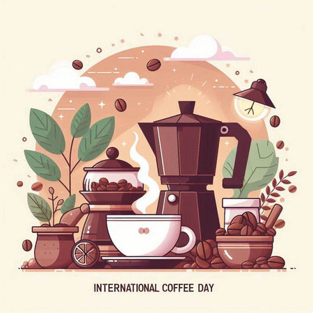 Coffee time concept with coffee maker, cup, pot, beans. Vector illustrationのイラスト素材