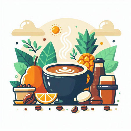Coffee time flat vector illustration. Morning coffee with milk and fruits.のイラスト素材