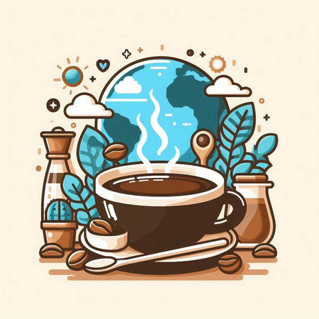 Coffee time. Vector illustration of a cup of coffee with coffee beans, globe and plants.のイラスト素材