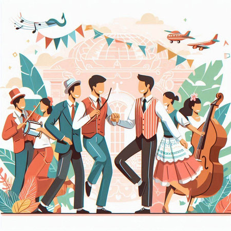 Couple of musicians playing musical instruments flat vector illustration. Musicians and musicians performing at amusement park. Musicians playing musical instruments on street.のイラスト素材