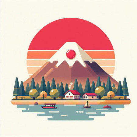 Vector illustration of a mountain landscape with a lake, a village and a red sun.のイラスト素材