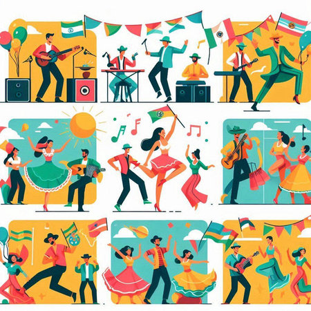 Carnival party flat color vector illustrations set. Group of people playing musical instruments, dancing, singing, playing guitar, singing, playing guitar, singing, singing.のイラスト素材