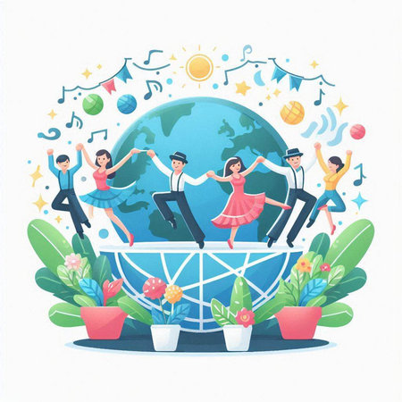 Happy people dancing around the world. Vector illustration in cartoon style.のイラスト素材