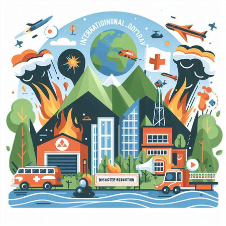 Vector illustration of a fire in the city. Firefighters, ambulance, fire truck, helicopter, house, mountains and trees.のイラスト素材