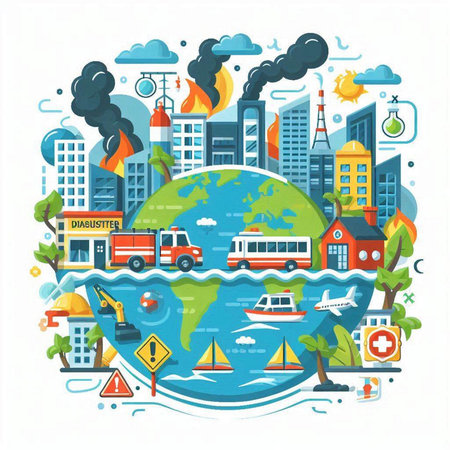 Flat design vector illustration concept of global pollution, environment, ecology, environment problems and global warming.のイラスト素材