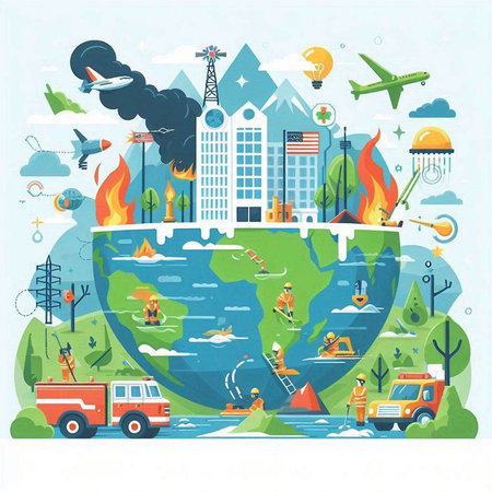 Flat vector illustration of global warming and climate change. Environmental pollution concept.のイラスト素材