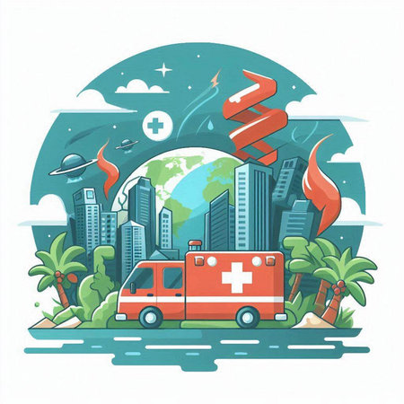 Ambulance car on the background of the planet. Vector illustrationのイラスト素材