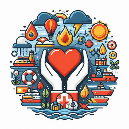 Hand holding red heart in the center of the sea, vector illustrationのイラスト素材