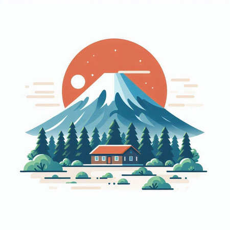 Mountain landscape with house and pine trees. Vector illustration in flat style.のイラスト素材