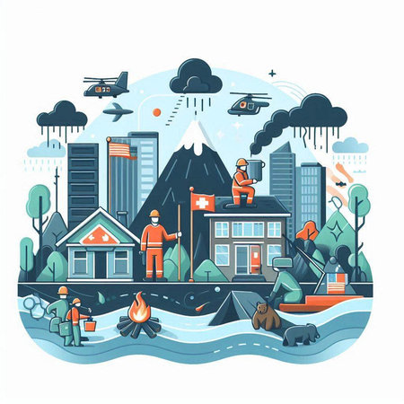 Vector illustration of a cityscape with a burning house, a fireman, a helicopter and a garbage bag.のイラスト素材