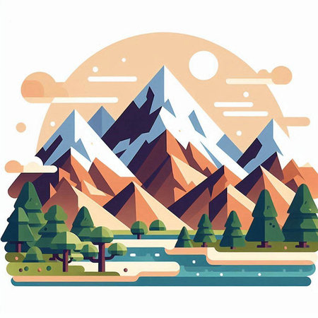 Mountains and river in the flat style. Mountain landscape. Vector illustration.のイラスト素材