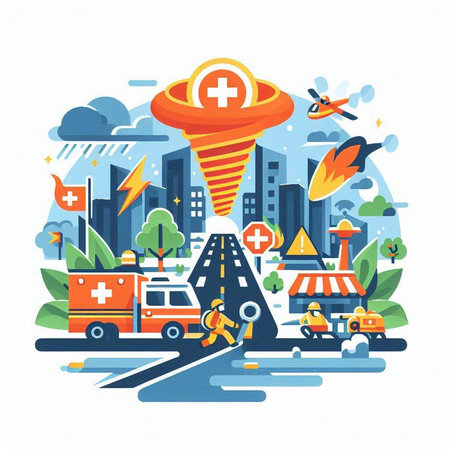 Vector illustration of flat design concept of emergency service, ambulance, fire truck, ambulance, car on the road.のイラスト素材