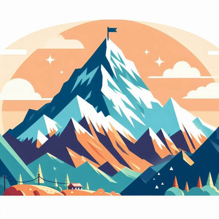 Mountain landscape with snow and sun. Vector illustration in flat styleのイラスト素材