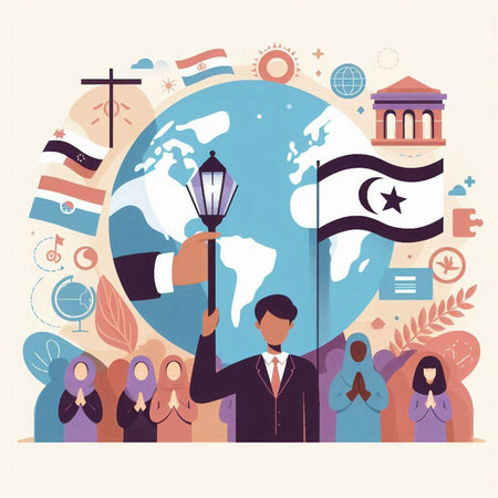 Religion concept with people around the world. Vector illustration in flat styleのイラスト素材