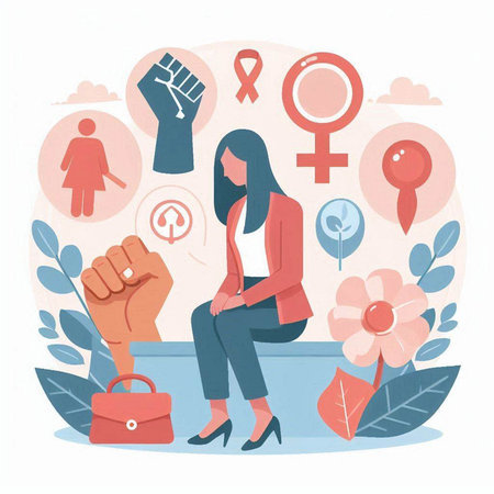 Women's day concept. Vector illustration in flat cartoon style. Girl sitting on a bench in front of the icon set.のイラスト素材