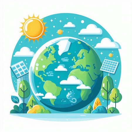 Ecology concept. Vector illustration of planet earth with solar panels.のイラスト素材