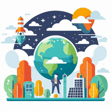 Vector illustration. Businessman standing on the background of the planet.のイラスト素材
