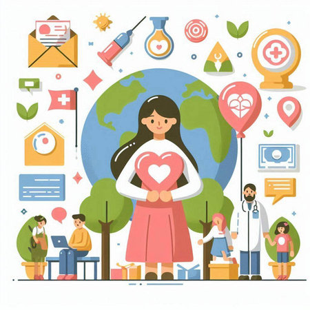 World Health Day. Vector illustration in flat cartoon style with people and icons.のイラスト素材