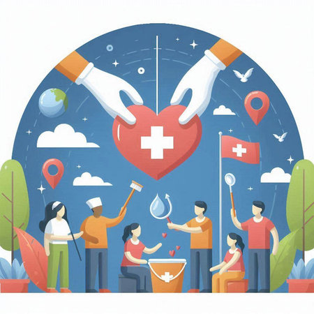 Volunteers donate blood to people in the park, vector illustrationのイラスト素材
