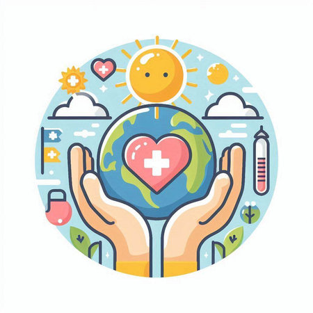 Vector illustration of World Health Day concept with hands holding globe with heart and sun.のイラスト素材