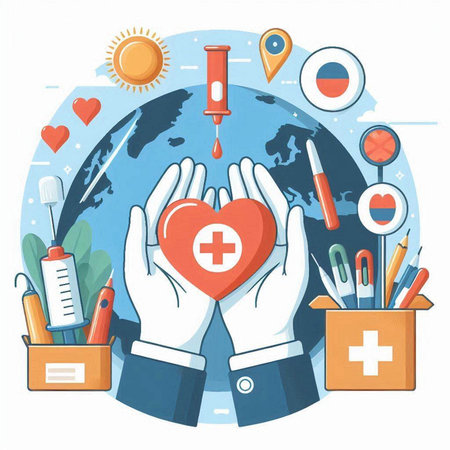 Vector illustration of hands holding red heart with medical icons around. Health care concept.のイラスト素材