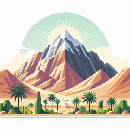 Landscape with mountains, palm trees and sun. Vector illustration.のイラスト素材