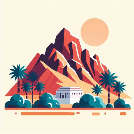 Landscape of Egypt with mountains and palm trees. Vector illustration.のイラスト素材