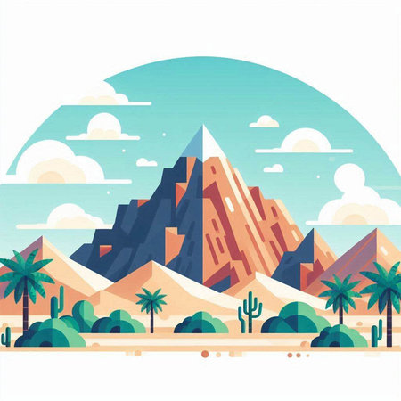 Egyptian pyramids with palm trees and mountains. Vector illustration.のイラスト素材