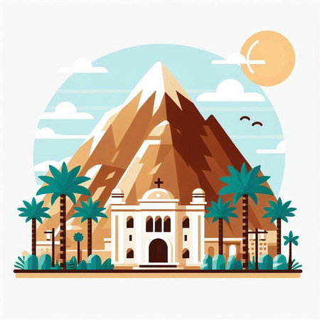 Mountain landscape with mosque and palm trees. Flat style vector illustration.のイラスト素材