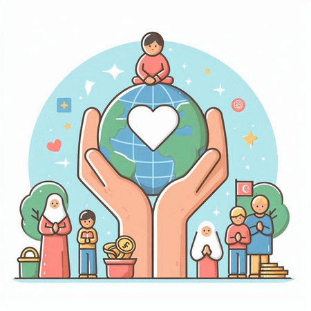 Volunteer concept. Vector illustration of charity and donation. Hand holding a globe.のイラスト素材