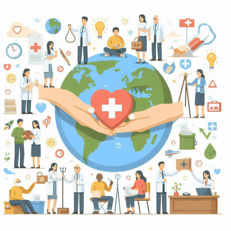 World health day concept with doctors, nurses and patients. Vector illustrationのイラスト素材