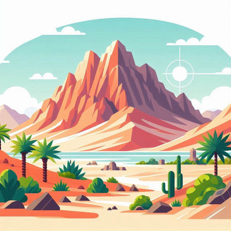 Desert landscape. Vector illustration in cartoon style. Landscape with mountains, palms and lake.のイラスト素材