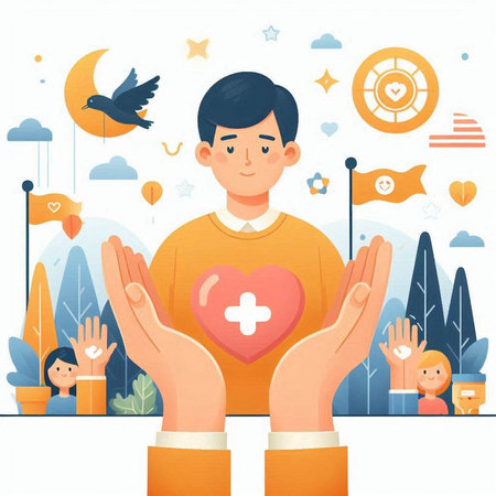Hands holding heart. Vector illustration in flat style. Health care concept.のイラスト素材