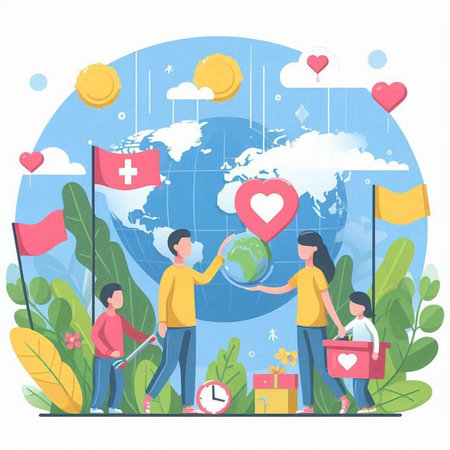 World Health Day Concept. People Characters Holding Earth Globe and Globe with World Map on Background. Vector Illustrationのイラスト素材