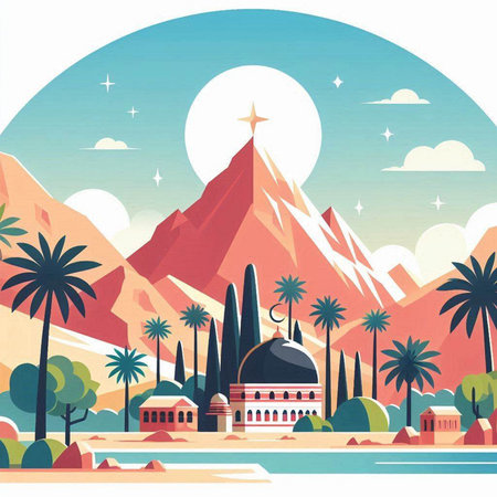 Landscape with mosque and mountains in flat style. Vector illustration.のイラスト素材