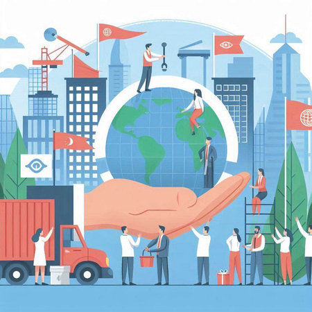 Hand holding globe with people and cargo truck on background. Vector illustrationのイラスト素材