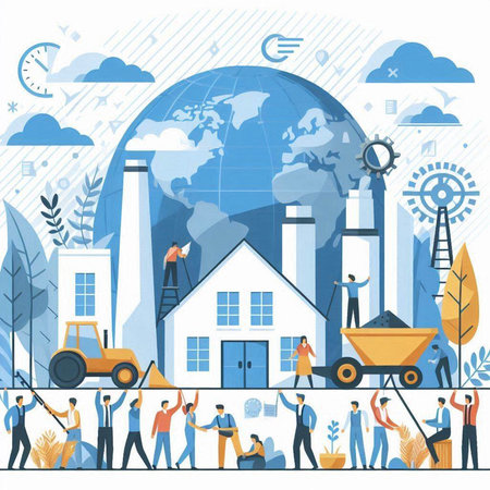 Vector flat style illustration of people working at the construction site, building a house, watering the plants.のイラスト素材