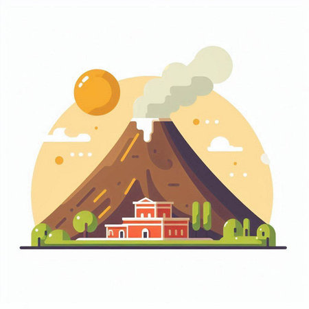 Volcanic eruption flat vector illustration. Landscape with volcano and village.のイラスト素材