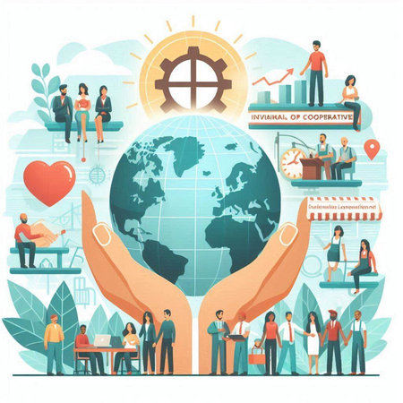 Global business concept. Flat vector illustration of human hands holding Earth globe, people working together in office.のイラスト素材