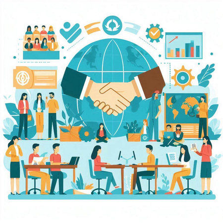 Handshake of business people in the office. Flat vector illustration.のイラスト素材