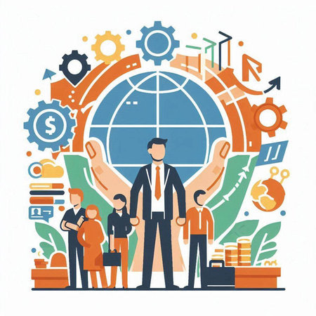 Businessman standing in front of his team. Teamwork concept. Vector illustrationのイラスト素材