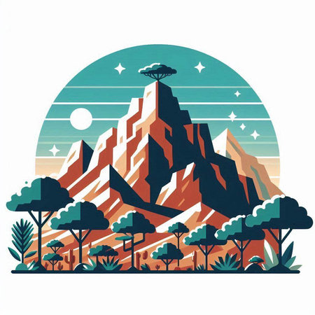 Mountains and forest on a white background. Vector illustration in retro style.のイラスト素材