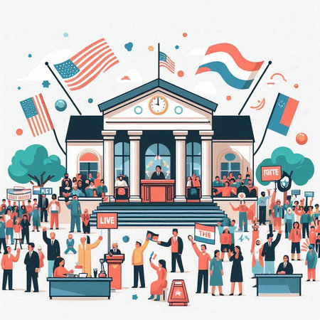 People at the podium in front of the government building. Vector illustration.のイラスト素材